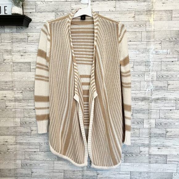 ANN TAYLOR FACTORY Taupe and Ivory Striped Cardigan, M - Picture 3 of 9